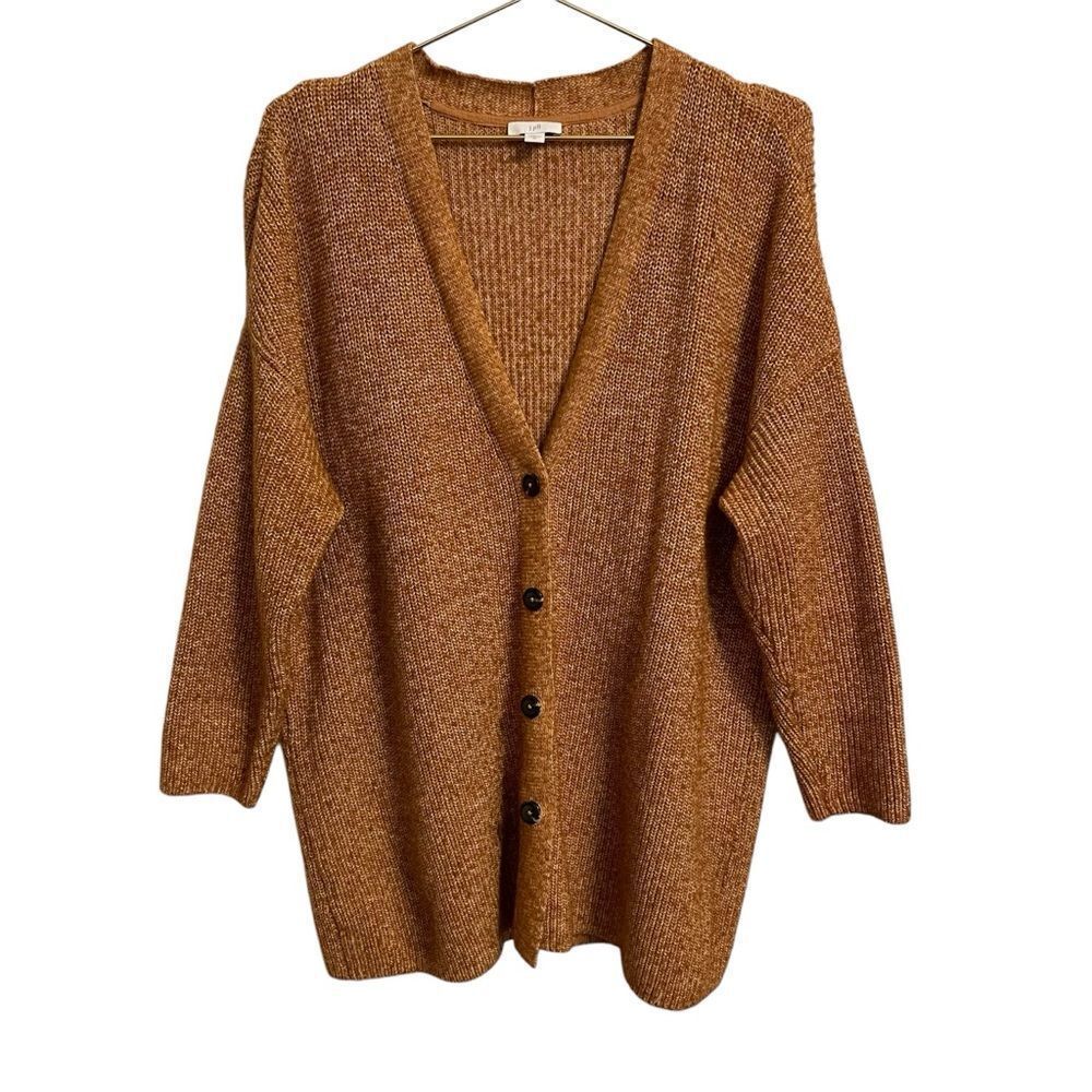 Loft Womens Oversized Cardigan Sweater Burnt Orange Marled Cotton Blend XL